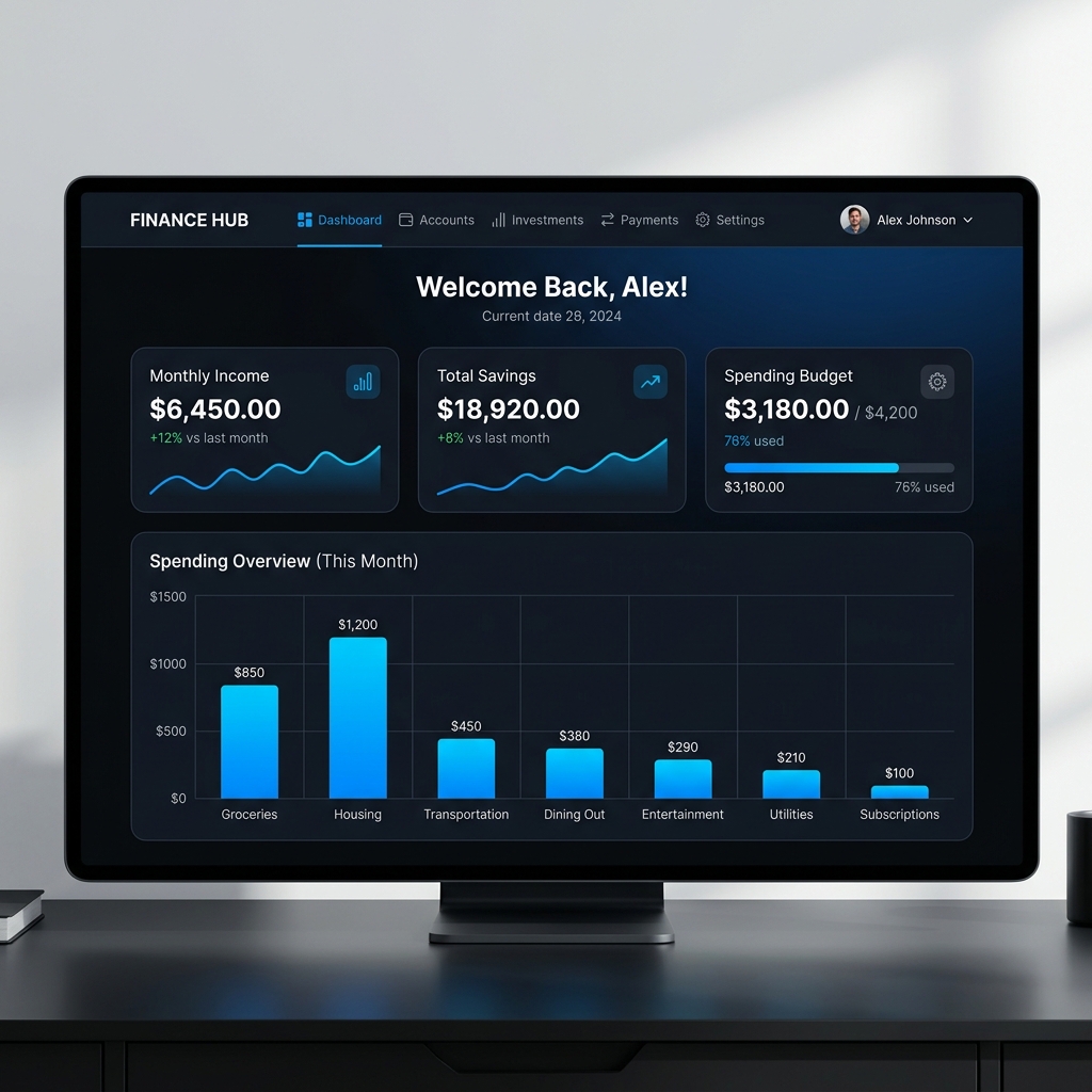 SpendSmart App Mockup showing dashboard, income, savings, and budget charts